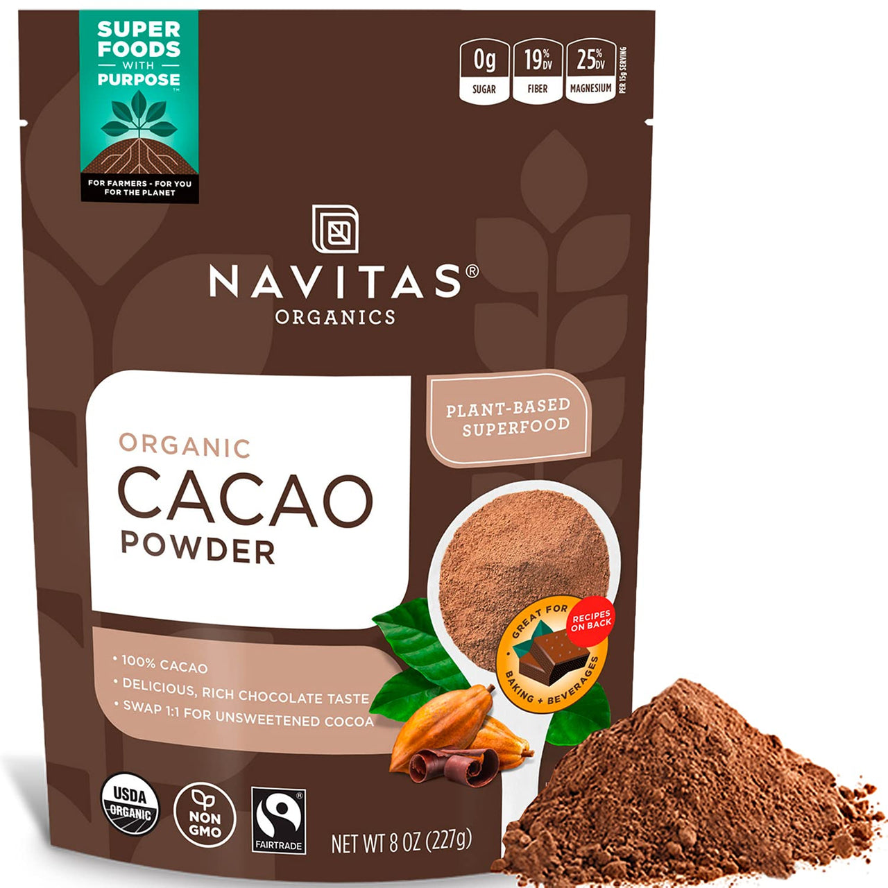 Navitas Organics Cacao Powder, 8oz. Bag, 15 Servings  Organic, Non-GMO, Fair Trade, Gluten-Free