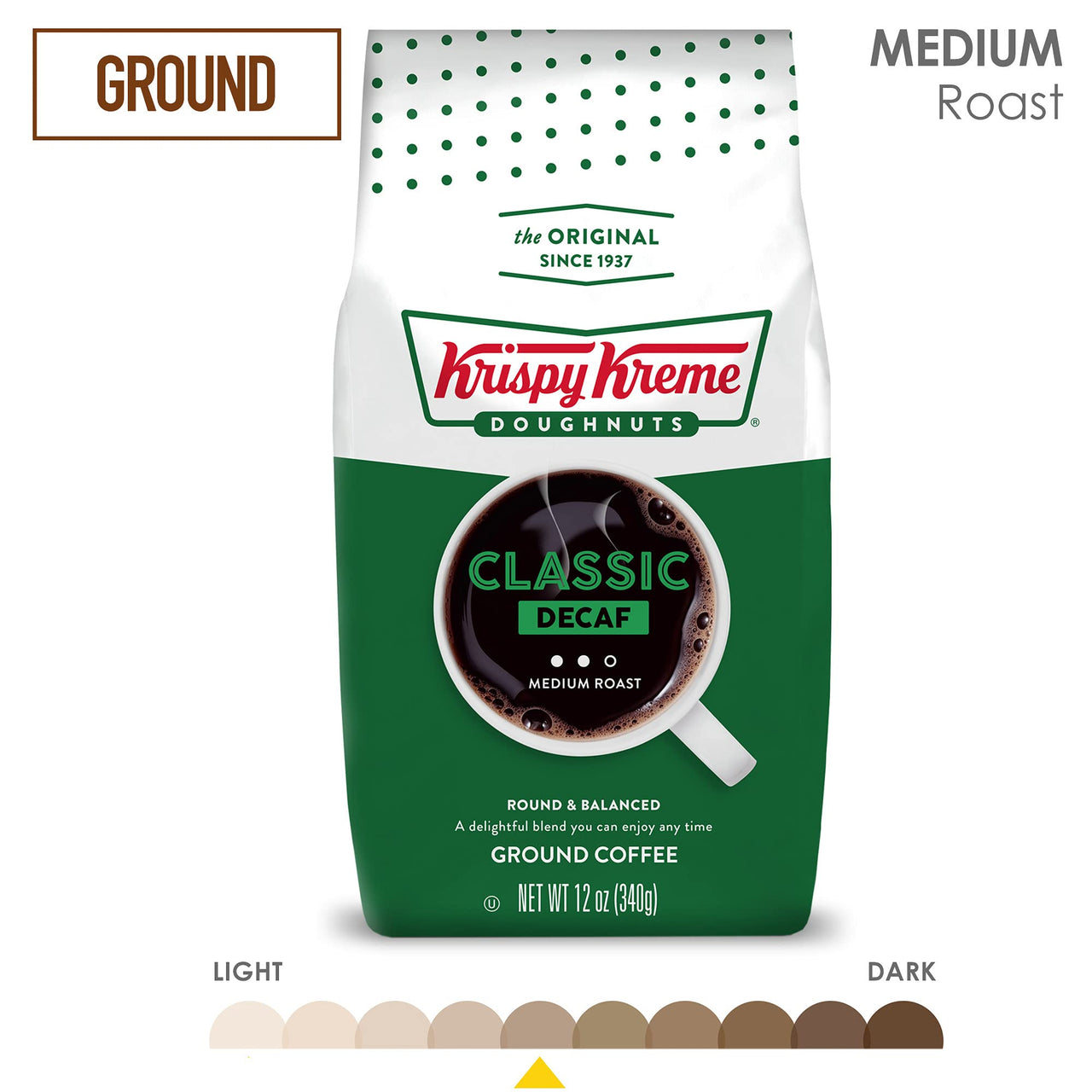 Krispy Kreme Classic Decaf, Ground Coffee, Medium Roast, Bagged 12oz