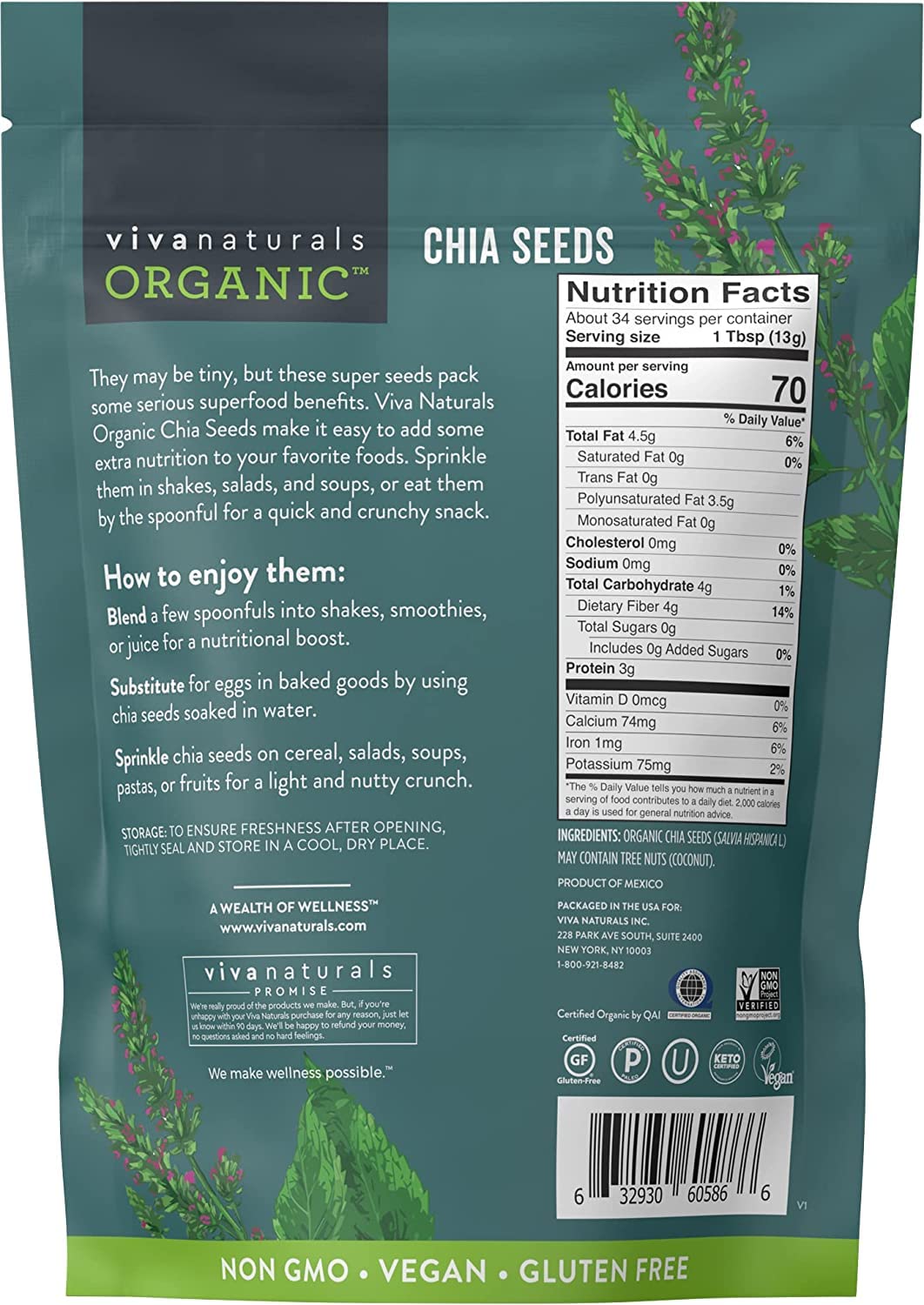 Viva Naturals The Finest Organic Raw Chia Seeds, 1 Pound & Organic Ground Flax Seed, 15 oz - Specially Cold-milled Using Proprietary Technology for Optimal Smoothness and Freshness