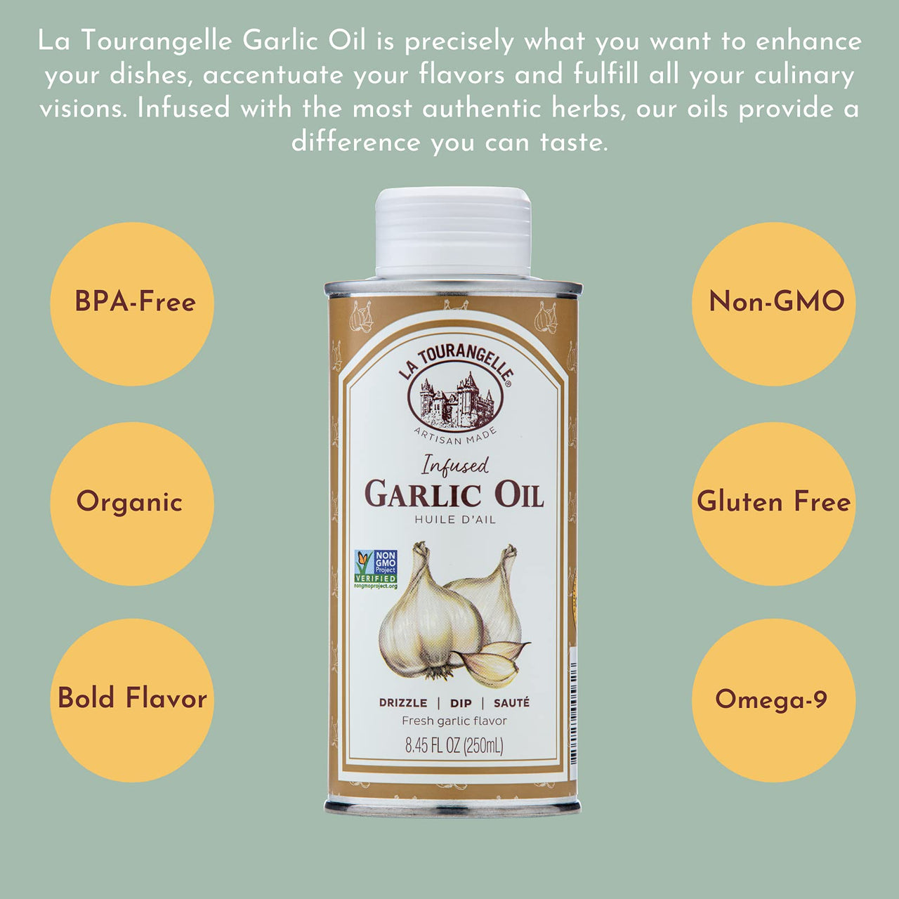 La Tourangelle, Garlic Oil, High Oleic Oil for Cooking Pastas, Salad Dressings, Drizzle on Popcorn, Irresistible Aroma and Flavor, 8.45 fl oz