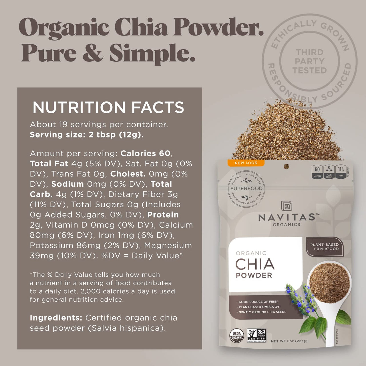 Navitas Organics Chia Seed Powder, 8oz. Bag, 19 Servings  Organic, Non-GMO, Gluten-Free