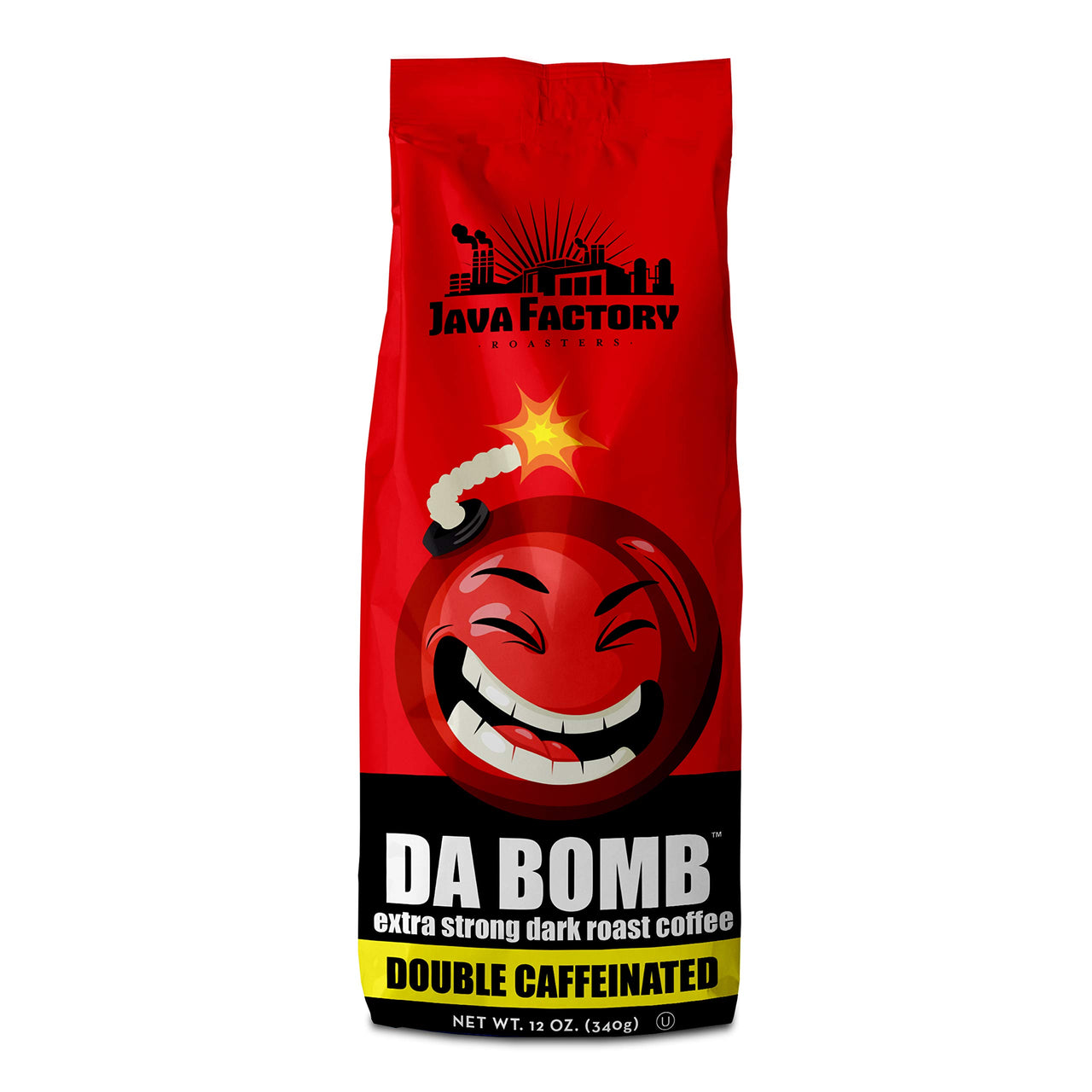 Java Factory High Caffeine Ground Coffee Double Caffeinated Da Bomb Bag, Dark Roast, 12 Ounce
