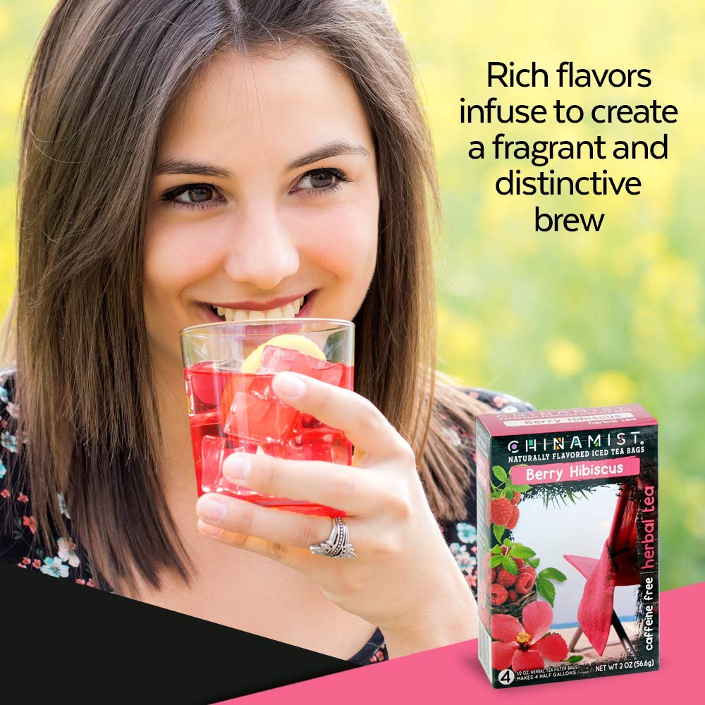 China Mist Iced Tea Naturally Flavored Herbal, Each Tea Bag Yields 1/2 Gallon Berry Hibiscus 4 Count
