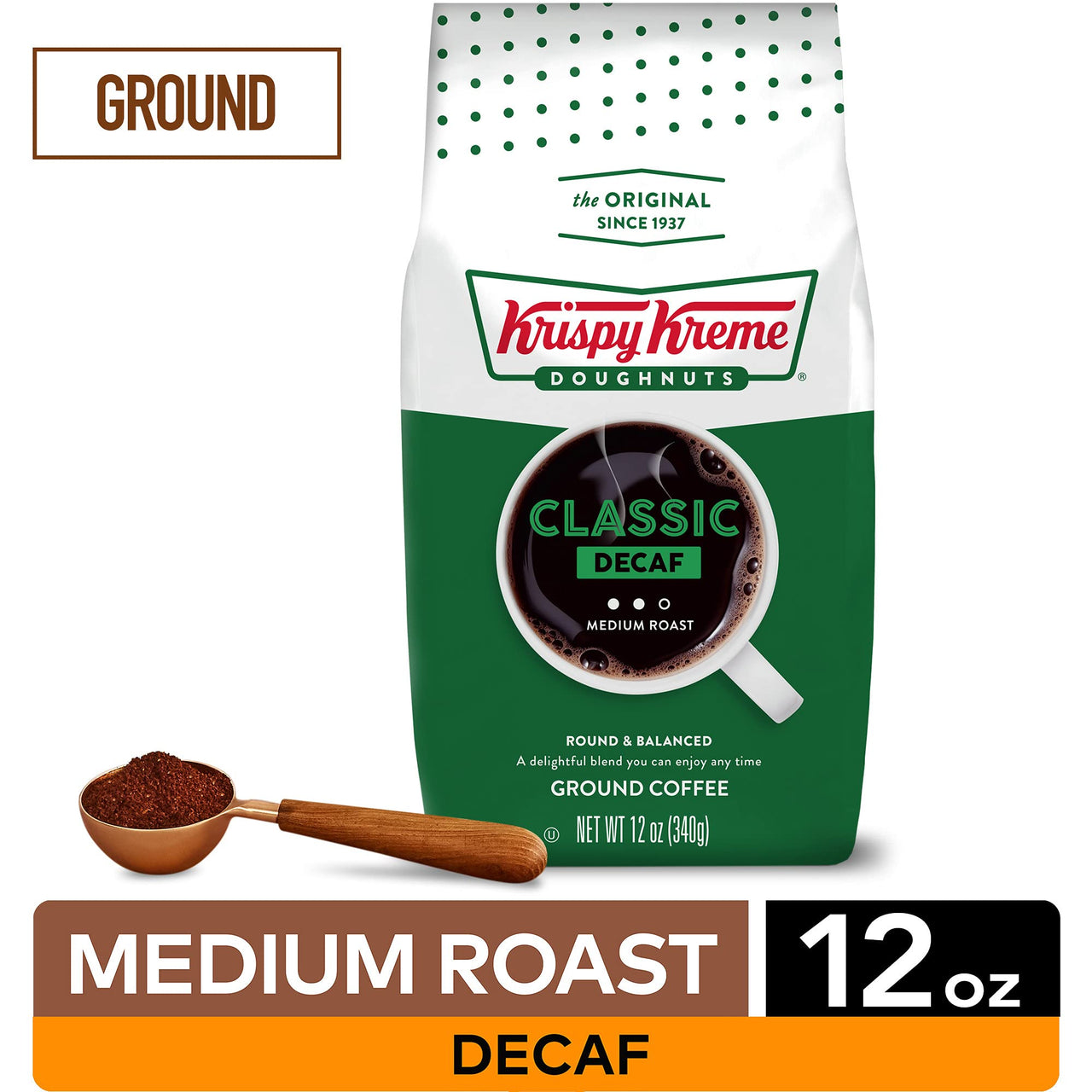 Krispy Kreme Classic Decaf, Ground Coffee, Medium Roast, Bagged 12oz
