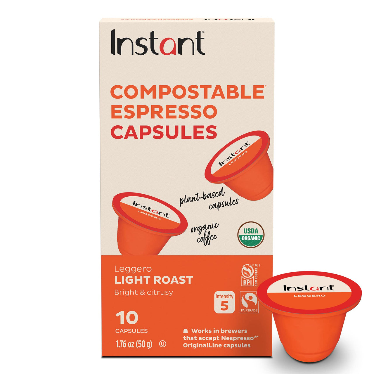 Instant Compostable Espresso Capsules, Leggero Light Roast, 10 Plant-based Capsules, From the Makers of Instant Pot, Eco-Friendly, 100% Organic, Arabica Espresso Capsules with Compostable Inner Bag
