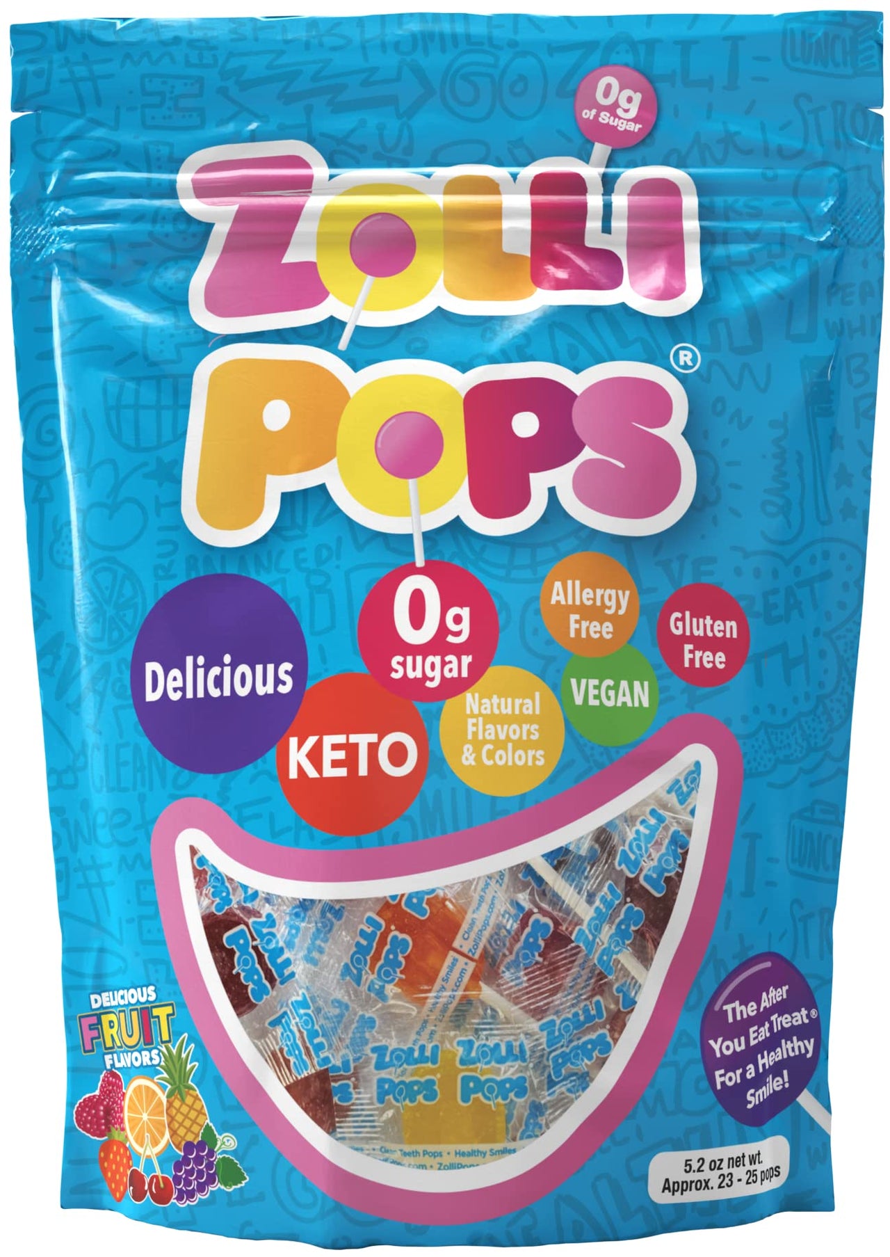Zollipops Clean Teeth Lollipops, Anti Cavity, Sugar Free Candy with Xylitol for a Healthy Smile Great for Kids, Diabetics and Keto Diet, Natural Fruit Variety, 5.2oz
