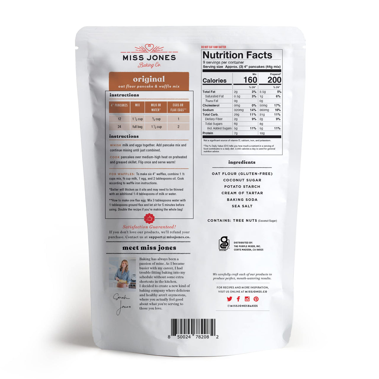 Miss Jones Baking Original Oat Pancake and Waffle Mix - Made with Oat Flour, Gluten Free, 10g of Protein, 100% Whole Grains (Pack of 1)