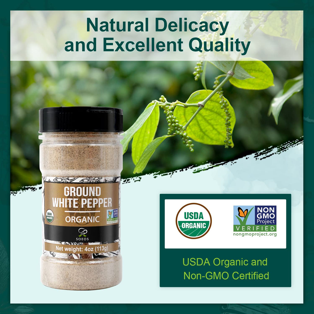 Soeos Organic White Pepper Ground, Non-GMO, Freshly Peppercorn Powder Bulk, Packed To Keep Peppers Fresh, Ready To Use Peppercorns For Refill, 4 oz (113g), Organic Ground White Pepper