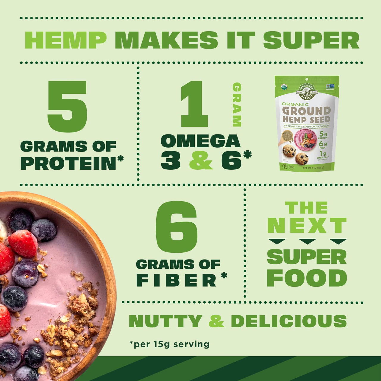 Manitoba Harvest Organic Ground Hemp Seed, 7 oz  5g Plant Based Protein, 6g of Fiber per Serving  Non-GMO Project Verified, Vegan, Keto, Paleo  Omega 3 & 6  Smoothies, oatmeal, use in baking