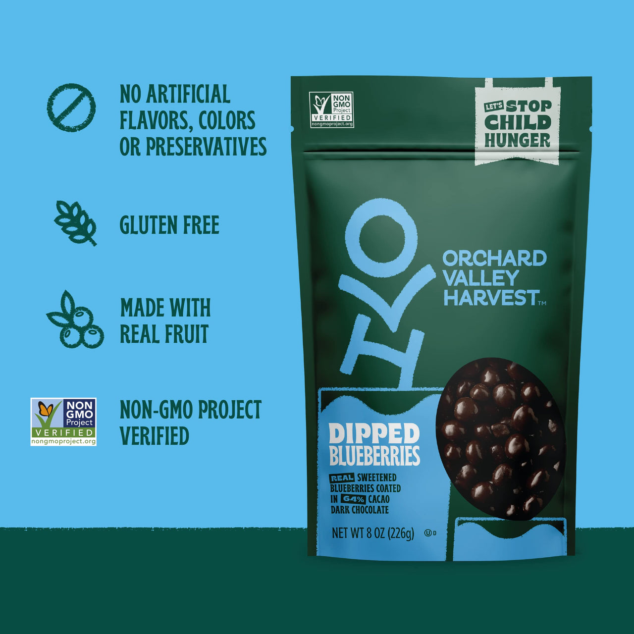 Orchard Valley Harvest Dark Chocolate Dipped Blueberries, 1 Pack (8oz), Made With Real Sweetened Blueberries, Gluten Free, Non-GMO, Stand Up Bag