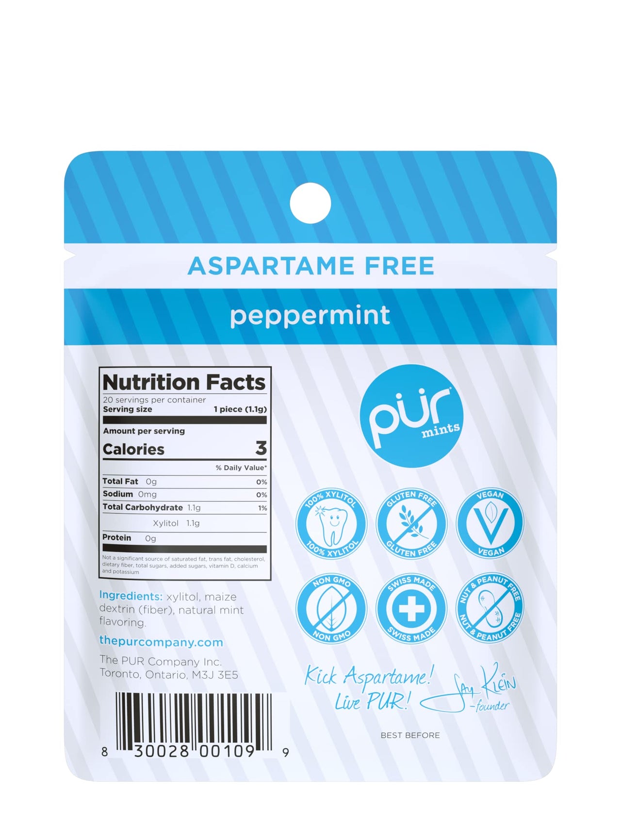 PUR Mints | Sugar Free Mints | 100% Xylitol | Vegan, Aspartame Free, Gluten Free & Keto Friendly | Natural Peppermint Flavored Mints, 20 Pieces (Pack of 3)