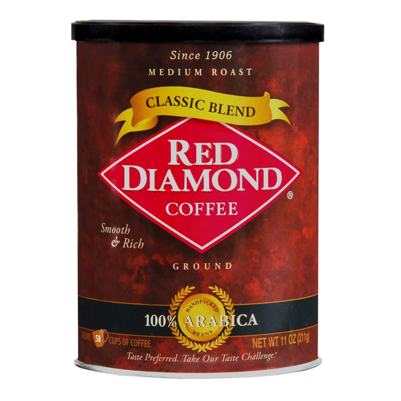 Red Diamond Ground Coffee, Classic Blend, Medium Roast, Premium Arabica Beans, Smooth & Rich Flavor, 11 Ounce Resealable Can