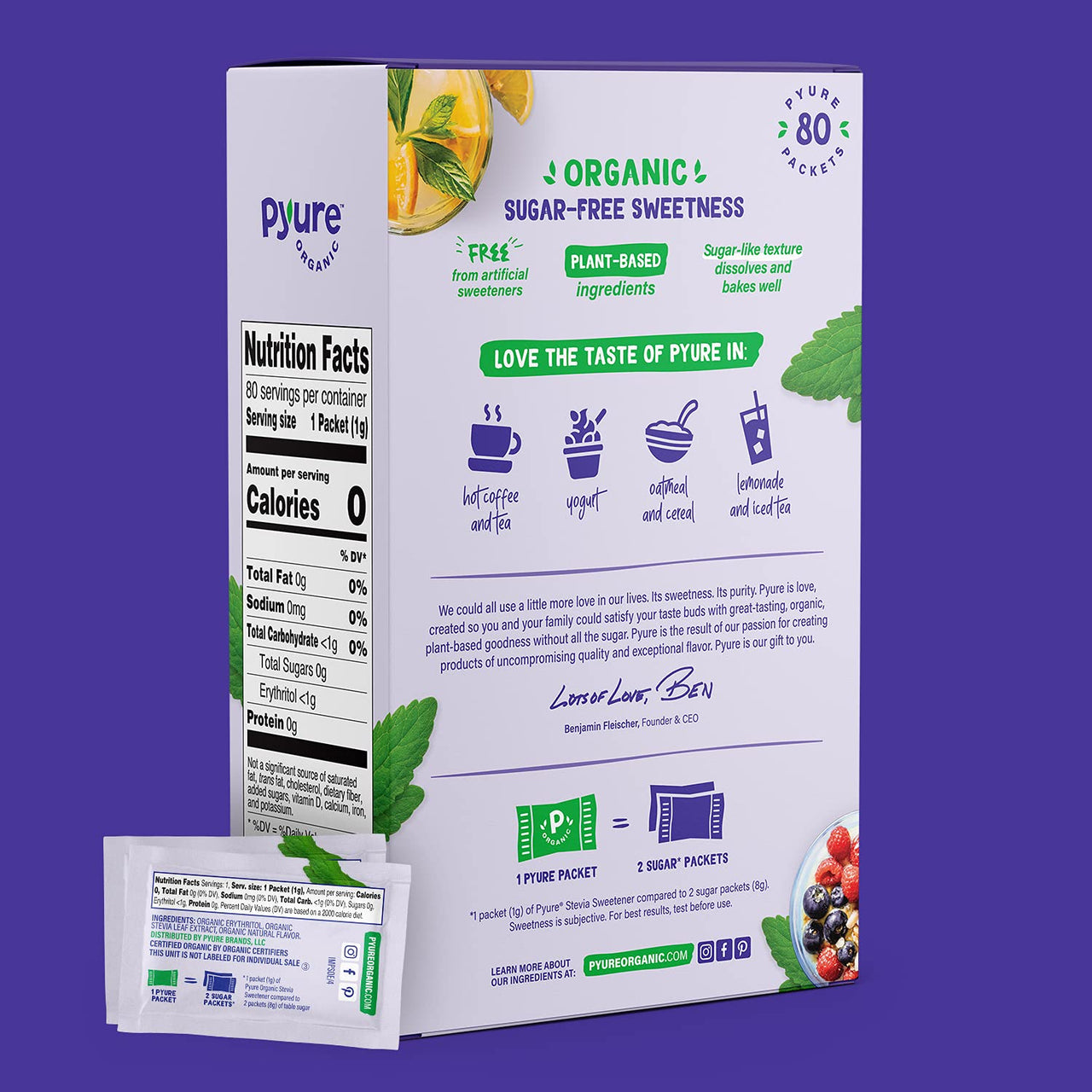 Pyure Organic Stevia Packets | Granulated Sugar Packets - White Sugar Substitute | Zero Carb, Zero Sugar, Zero Calorie Sweetener Packets | Plant-Based Stevia Packets for Keto Coffee | 80 Count