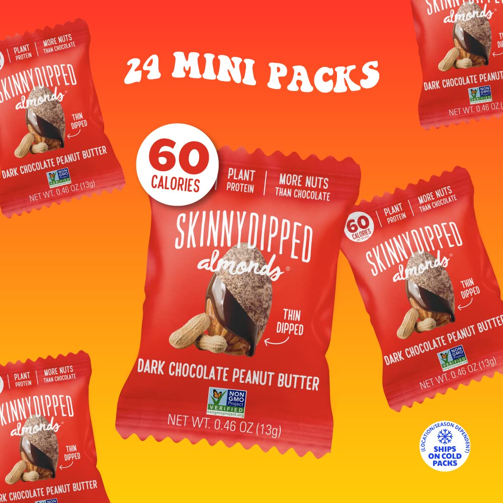 SkinnyDipped Dark Chocolate Peanut Butter Almonds, Healthy Snack, Plant Protein, Gluten Free, 0.46 oz Mini Bags, Pack of 24
