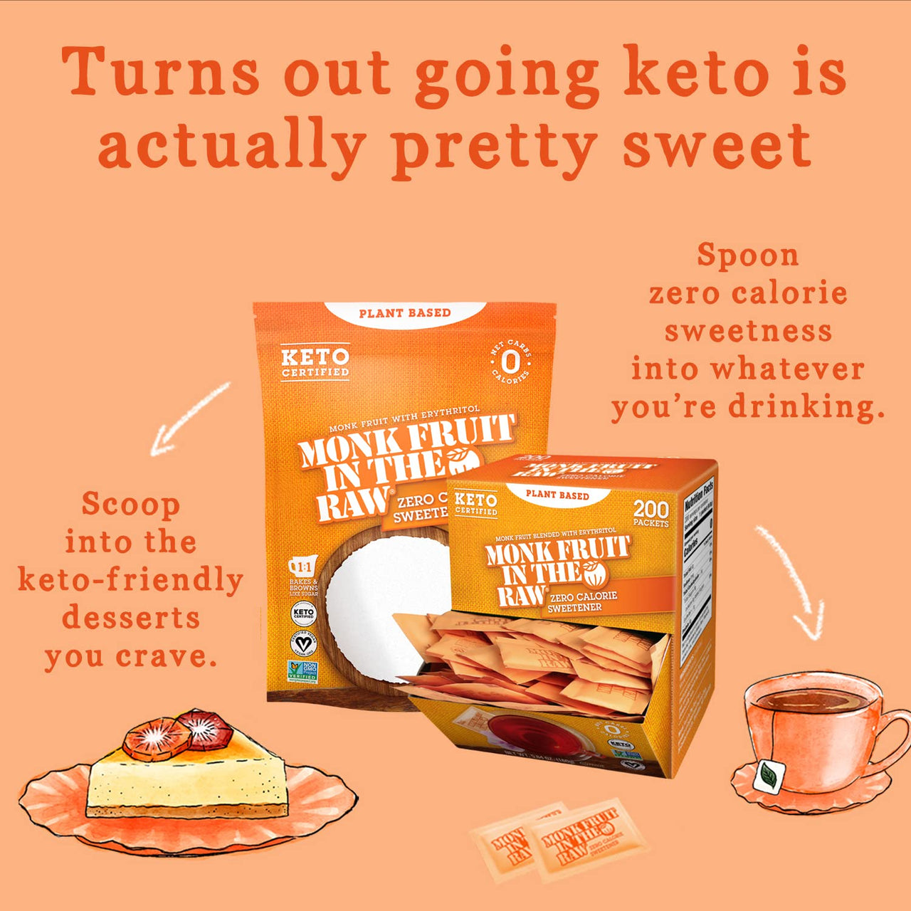 MONK FRUIT IN THE RAW, Natural Monk Fruit Sweetener w/Erythritol, Sugar-Free, Keto, Gluten Free, Zero Calorie, Low Carb, Vegan Sugar Substitute, 200 Count Packets (Pack of 1)