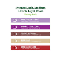 Fresh Intenso Dark, Medium & Forte Light Roast Aluminum Capsules, Variety Pack, Compatible with Nespresso Original Brewers, 50 Count (5 Packs of 10)
