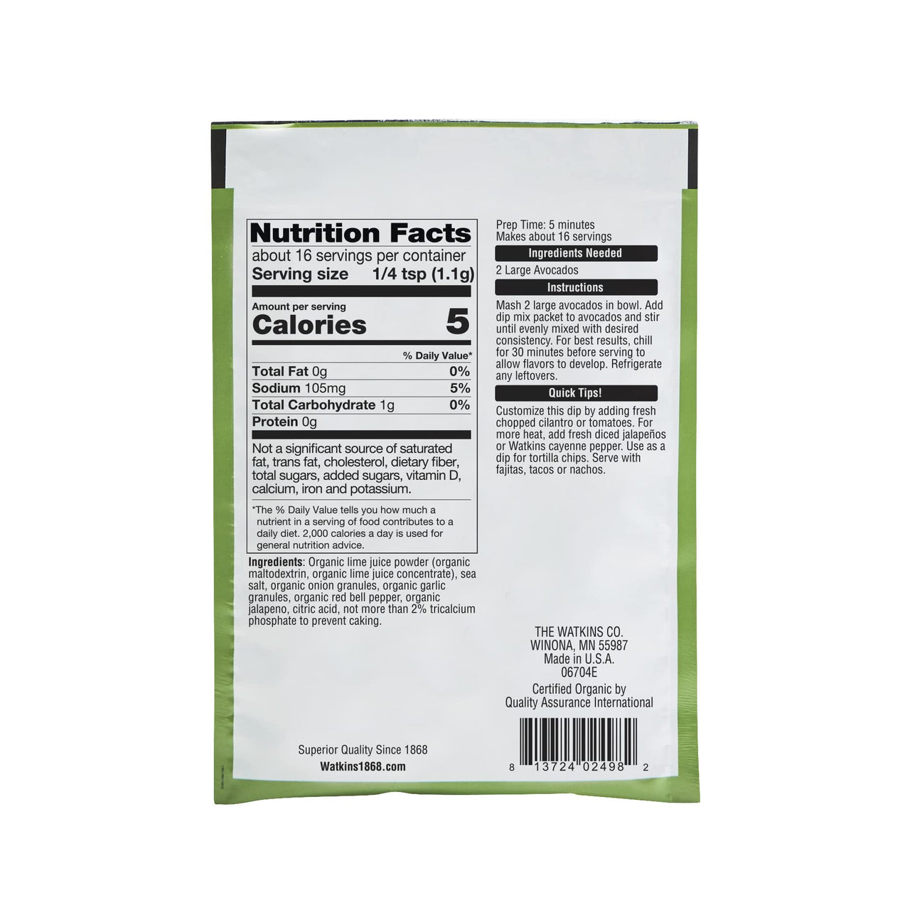 Watkins Organic Gourmet Dip Mix, Guacamole, 0.63 Ounce (Pack of 12)