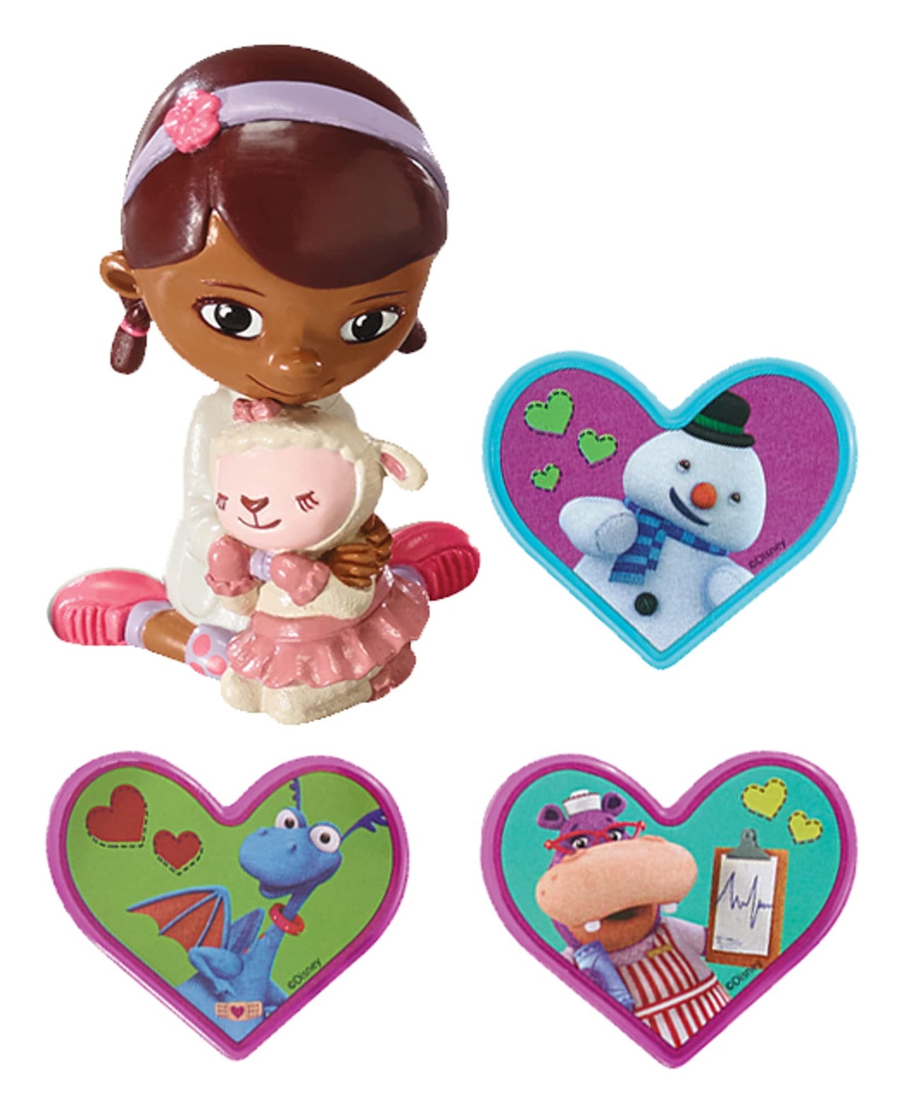 DecoSet Doc McStuffins Doc & Lambie Cake Toppers, 4-Piece Set with Doc and Lambie Figurines, Sharable Rings, Create Awesome Party Decorations for Cakes or Cupcakes