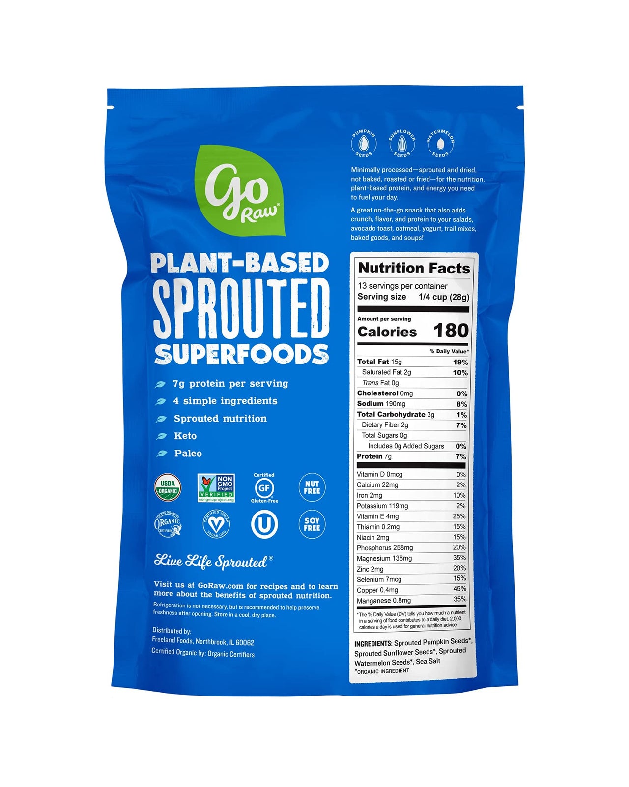 Go Raw Mixed Seeds, Pumpkin, Sunflower & Watermelon Seeds with Sea Salt, Bag Keto Vegan Gluten Free Snacks Organic, Mixed Salted, 13 Oz (Pack of 1)