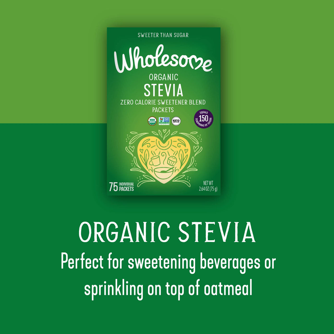 Wholesome Organic Stevia, Zero Calorie Sweetener Blend, Non GMO & Gluten Free, 2.64 Oz (Pack of 75)