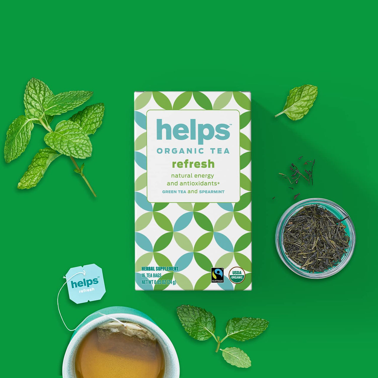 HELPS TEAS | Helps Refresh | Organic Green Tea with Spearmint. Natural Energy, Antioxidant, Thermogenic Herbal Tea| 16 Tea Bags |