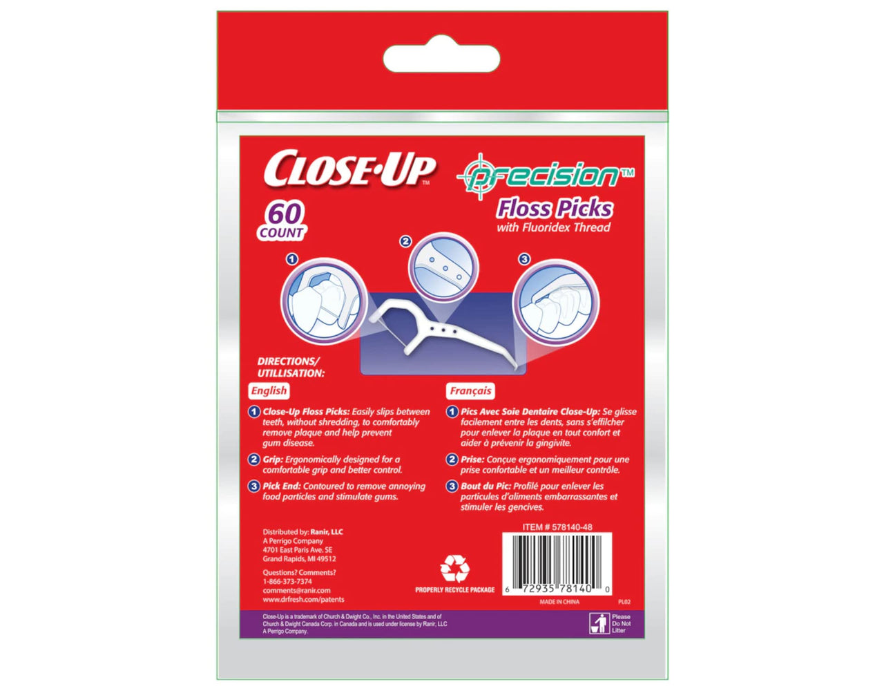 Close-Up Precision Floss Picks w/ Flouridex Thread, 60 Count, Pack of 2 (120 Flossers) by Close-Up