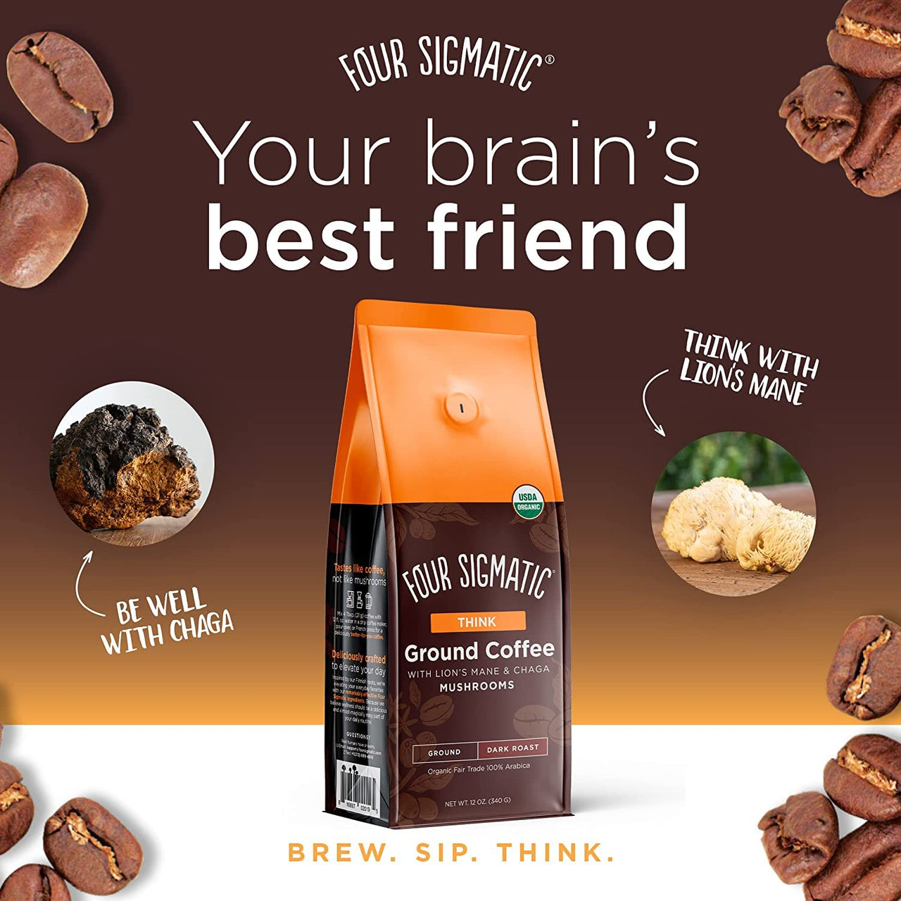 Organic Ground Mushroom Coffee by Four Sigmatic | Dark Roast, Fair Trade Gourmet Coffee with Lion's  Mane, Chaga & Mushroom Powder | Immune Boosting Coffee for Focus & Immune Support | 12oz Bag
