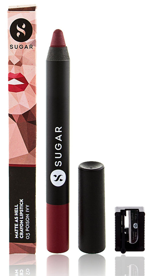 SUGAR Cosmetics Matte As Hell Crayon Lipstick 03 Poison Ivy (Wine) With Free Sharpner, 2.8 g