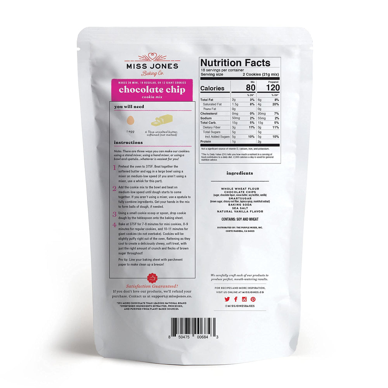 Miss Jones Baking Chocolate Chip Cookie Mix - Whole Grains, More Chocolate Chips, 50% Lower Sugar, Naturally Sweetened Desserts & Treats (Pack of 1)