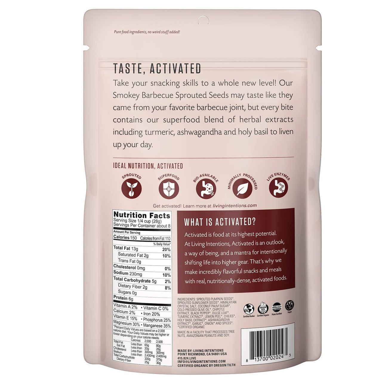Living Intentions Organic Sprouted Sunflower Seeds: Smokey Barbeque  NonGMO  Gluten Free  Vegan  Paleo  Kosher  8 Ounce Unit