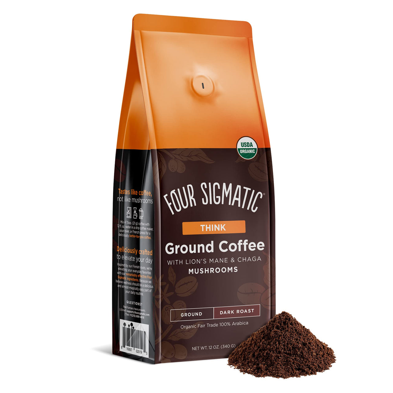 Organic Ground Mushroom Coffee by Four Sigmatic | Dark Roast, Fair Trade Gourmet Coffee with Lion's  Mane, Chaga & Mushroom Powder | Immune Boosting Coffee for Focus & Immune Support | 12oz Bag