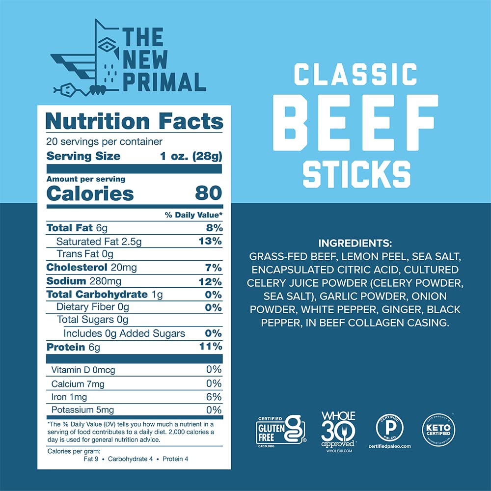 The New Primal Classic Beef Stick - 1 oz Meat Stick - 100% Grass-Fed Beef Snack - Whole30 Approved, Certified Paleo, Keto-Friendly, and Gluten-Free Meat Snack with 6g of Protein