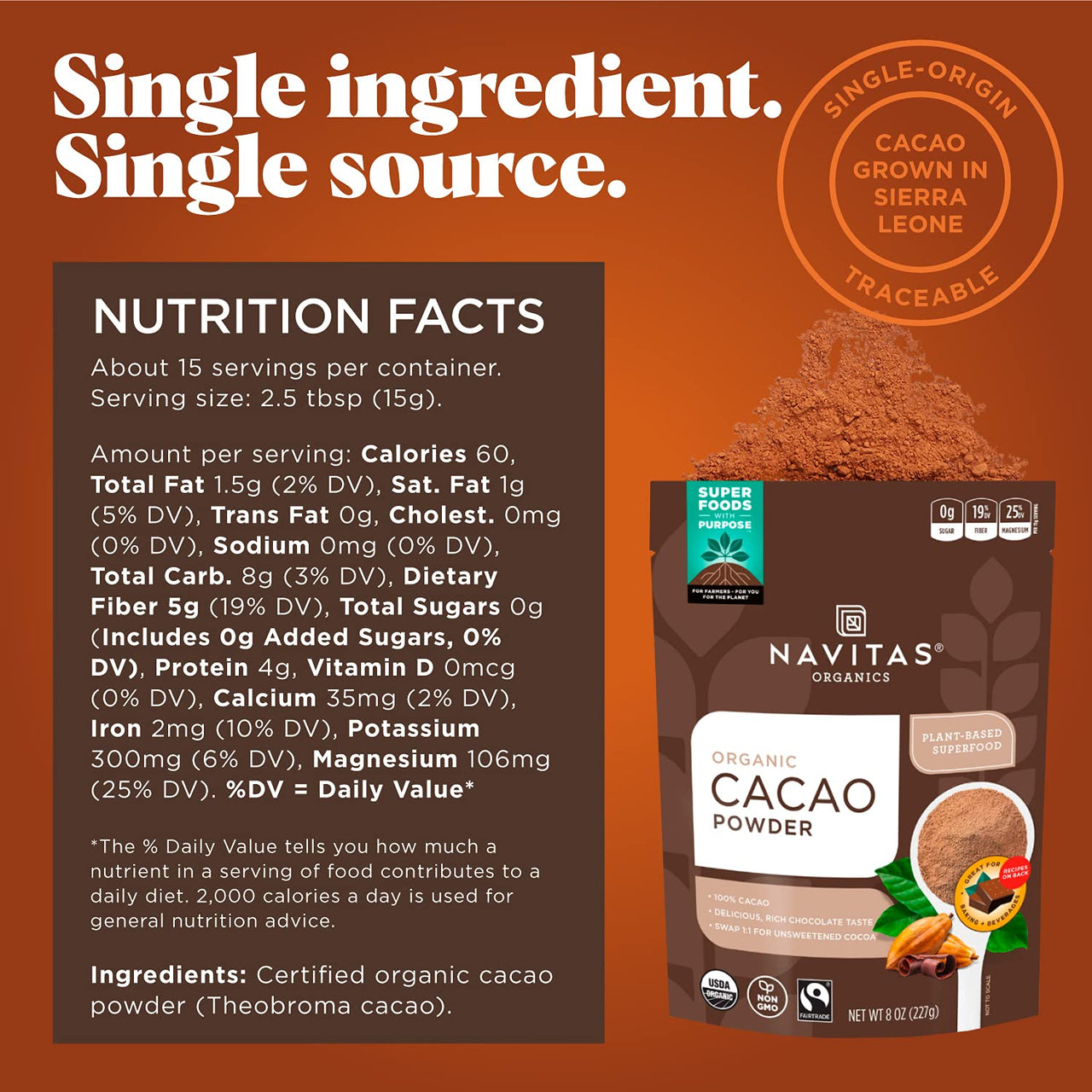 Navitas Organics Cacao Powder, 8oz. Bag, 15 Servings  Organic, Non-GMO, Fair Trade, Gluten-Free