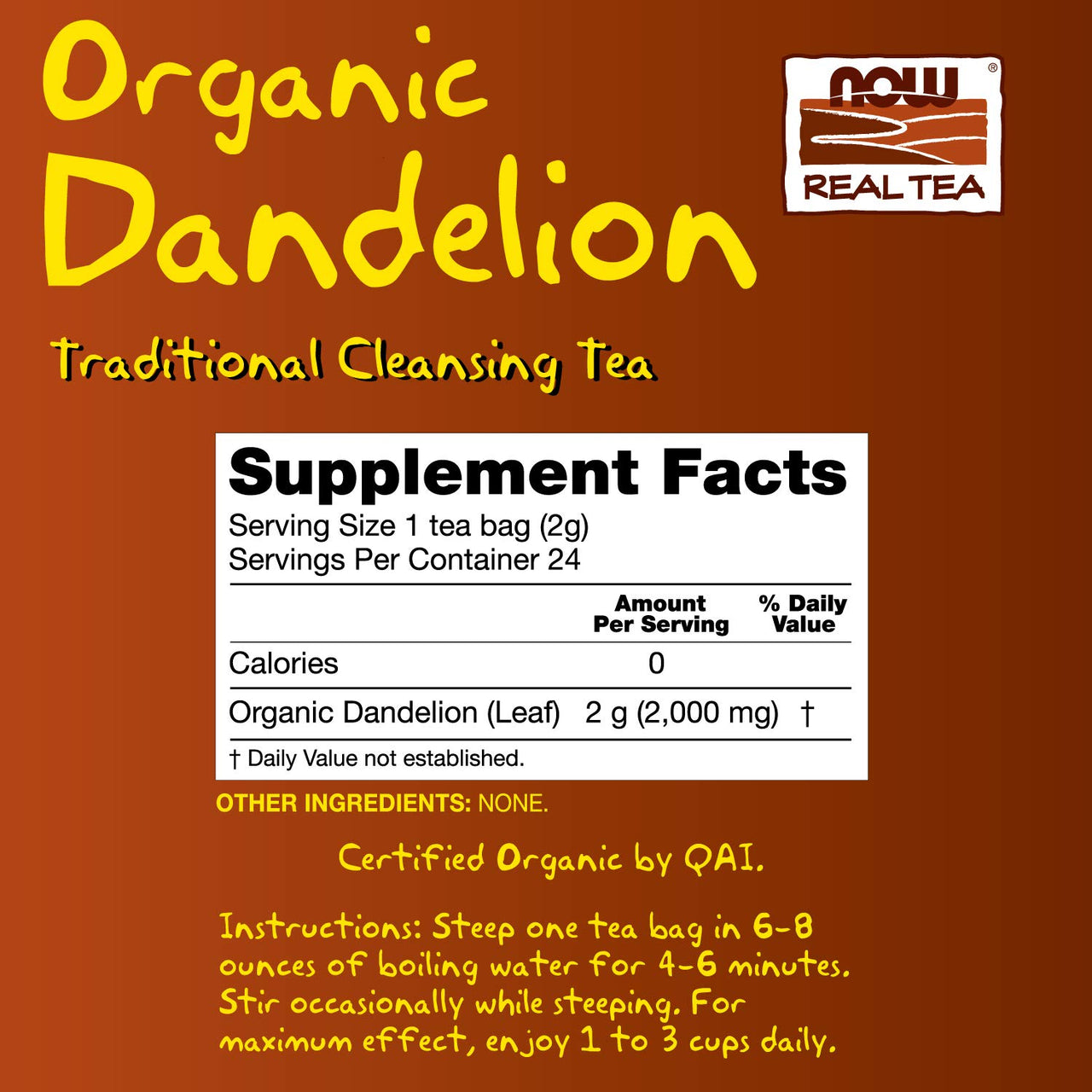 NOW Foods, Certified Organic Dandelion Traditional Cleansing Herbal Tea, Caffeine-Free, Non-GMO, Premium Unbleached Tea Bags with No-Staples Design, 24-Count