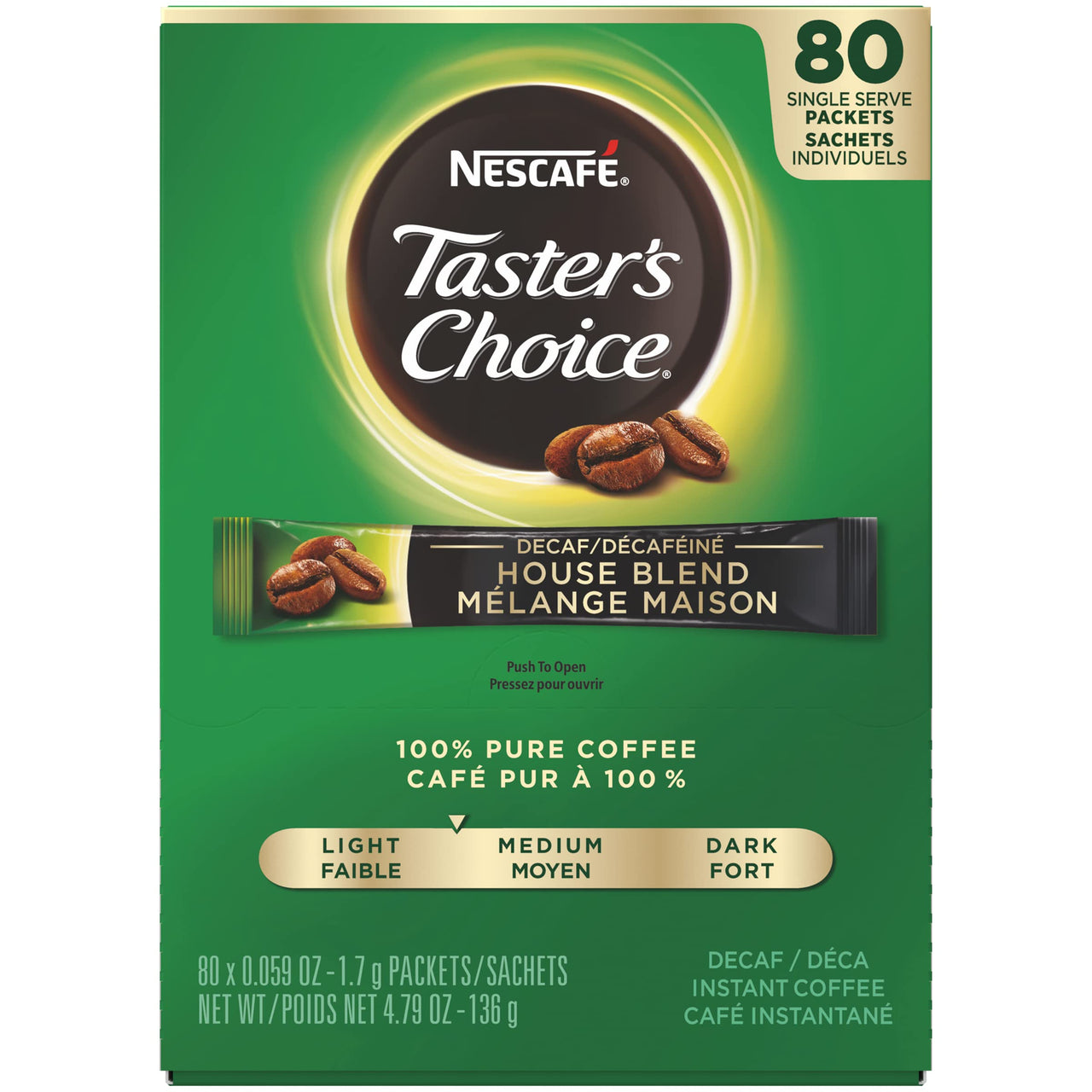 Nescafe Instant Coffee Packets, Decaf, Taster's  Choice Light Roast, 1.7 g Singles (Pack of 80)