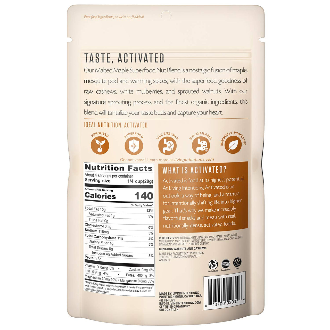 Living Intentions Sprouted Organic Nut Blend Malted Maple NonGMO  Gluten Free  Vegan Paleo  4 Ounce Unit