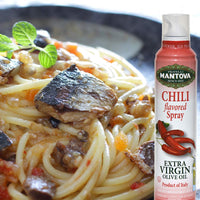 Mantova Chili Flavored Extra Virgin Olive Oil Spray, heart-healthy cooking spray perfect for salads, pasta sauces, or grilling, 100% natural cooking oil made in Italy, olive oil dispenser bottle sprays, drips, or streams with no waste, 8 oz