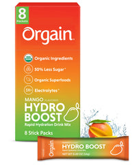 Organic Rapid Hydration Packets by Orgain, Mango Hydro Boost - Packed with Electrolytes & Superfoods, Less Sugar, Gluten Free, Vegan, No Soy Ingredients or Artificial Flavors, Non-GMO (Pack of 8)