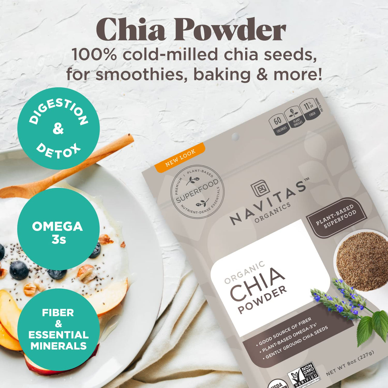Navitas Organics Chia Seed Powder, 8oz. Bag, 19 Servings  Organic, Non-GMO, Gluten-Free