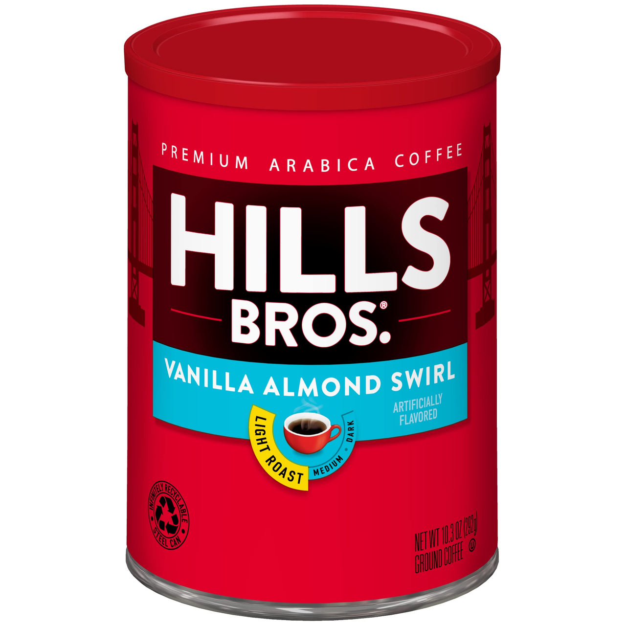Hills Bros Vanilla Almond Swirl Ground Coffee, Light Roast - 10.3 Oz. Can - Arabica Coffee Beans - Smooth Vanilla Flavor, Sweet Almond Notes