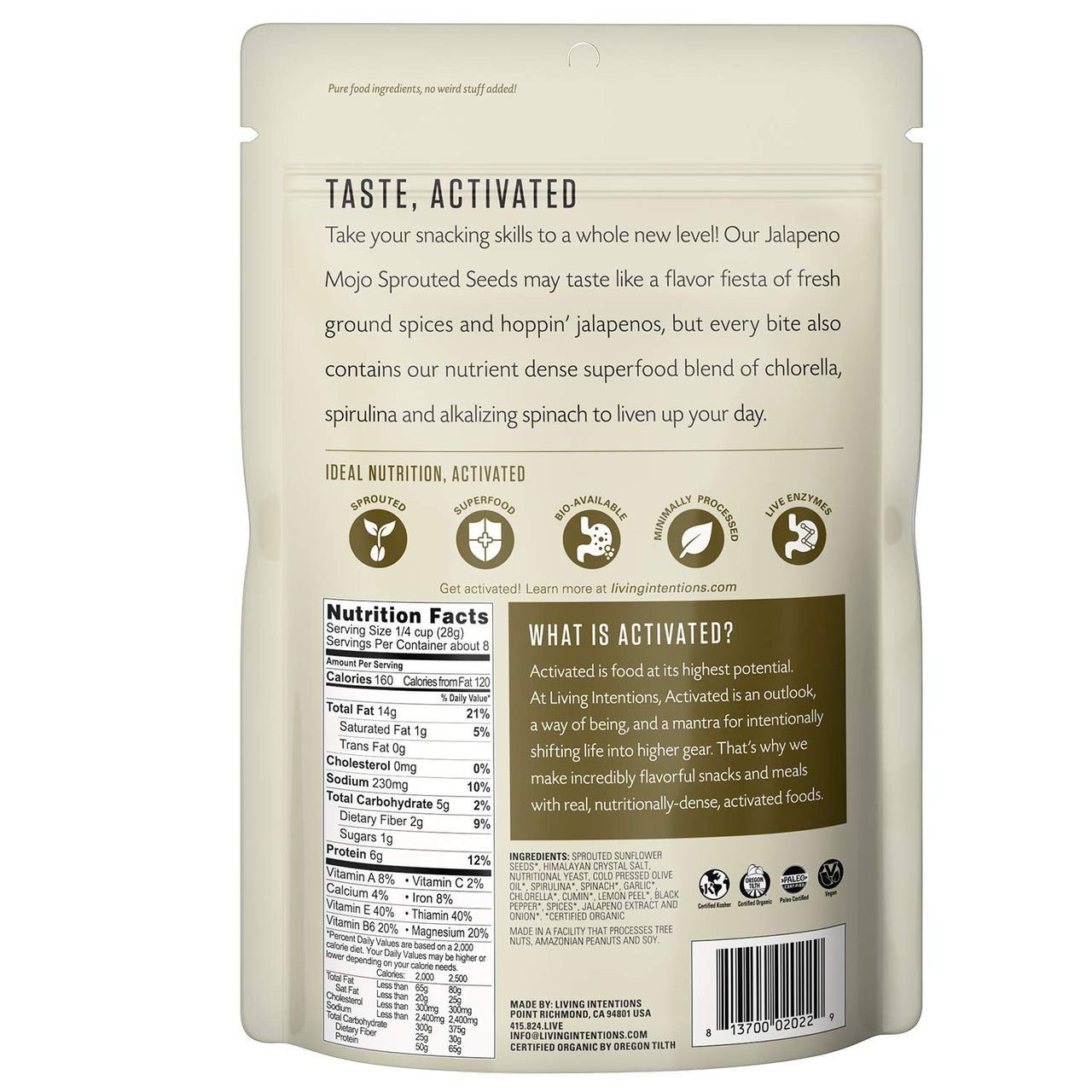 Living Intentions Organic Sprouted Sunflower Seeds: Jalapeno Mojo  NonGMO  Gluten Free  Vegan  Paleo  Kosher  8 Ounce Unit
