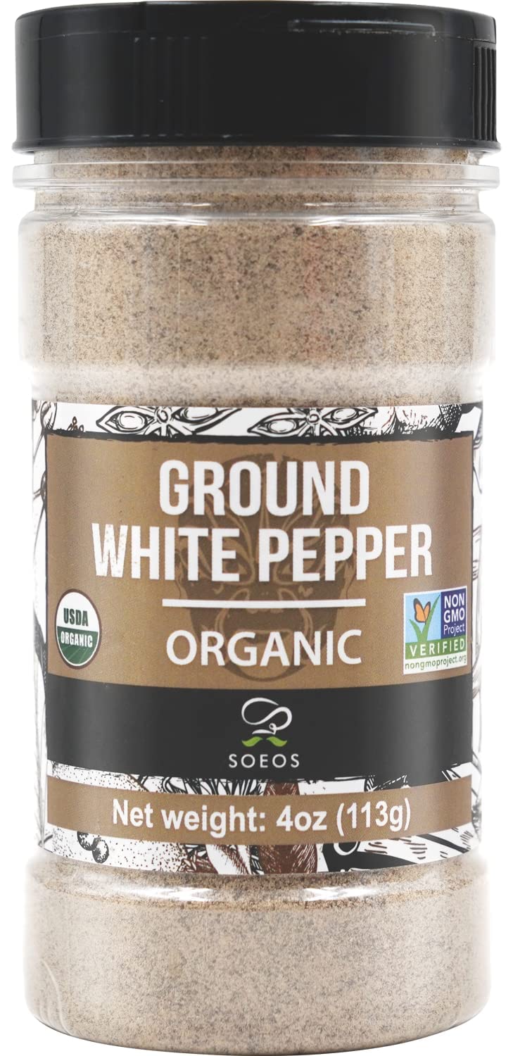 Soeos Organic White Pepper Ground, Non-GMO, Freshly Peppercorn Powder Bulk, Packed To Keep Peppers Fresh, Ready To Use Peppercorns For Refill, 4 oz (113g), Organic Ground White Pepper
