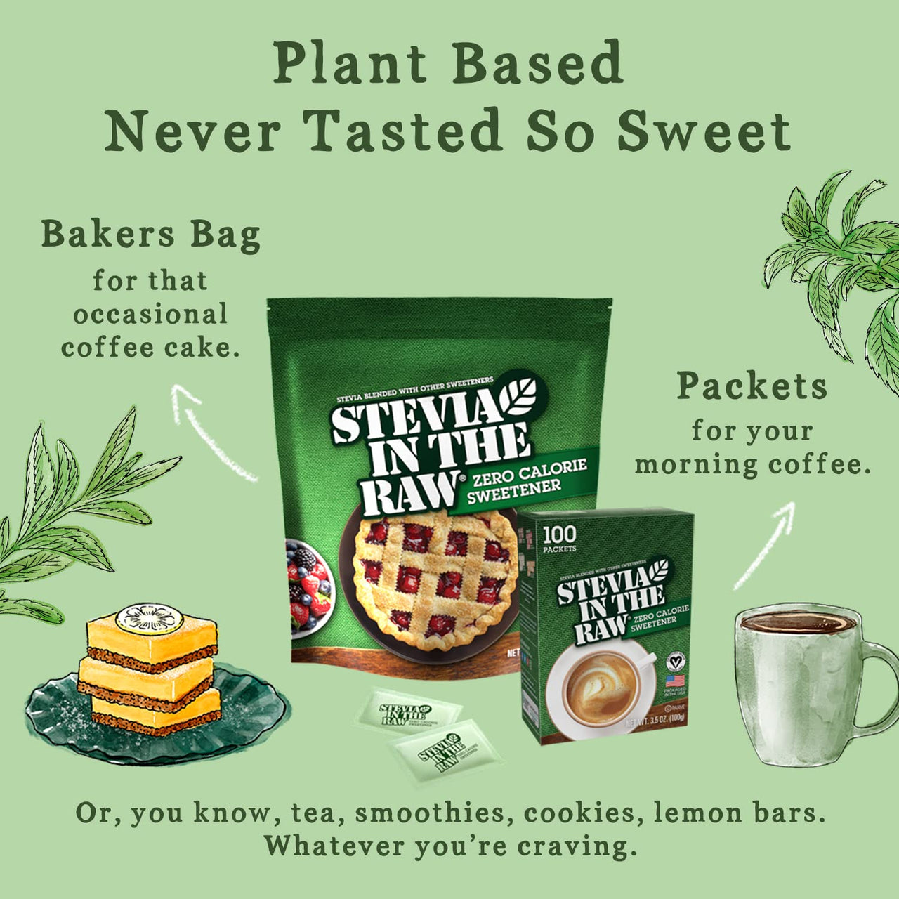 Stevia In The Raw, Plant Based Zero Calorie, No Erythritol, Sugar Substitute, Sugar-Free Sweetener for Coffee, Hot & Cold Drinks, Suitable For Diabetics, Vegan, Gluten-Free, 100Count Packets (1 Pack)