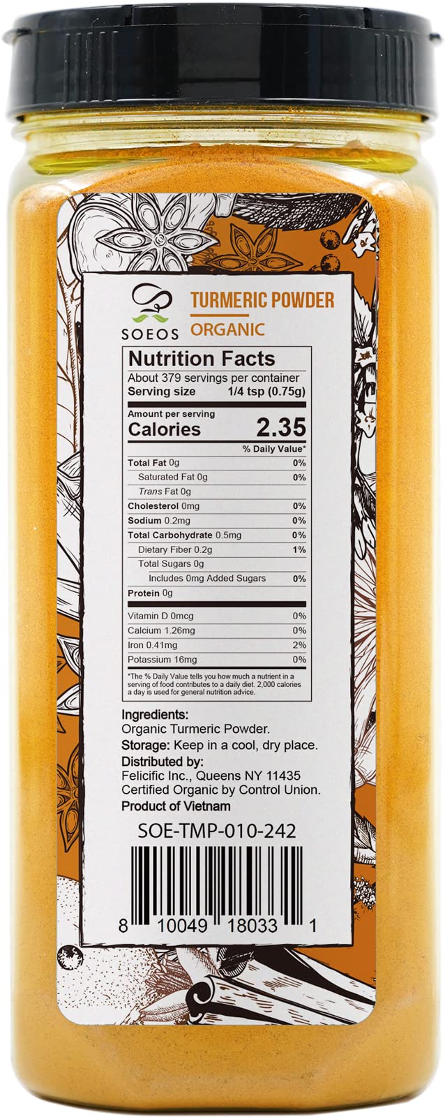 Soeos Organic Turmeric Powder 10oz (284g), Non-GMO Verified, Natural Curcumin, Lab Tested for Purity, Sealed Package To Keep Turmeric Fresh