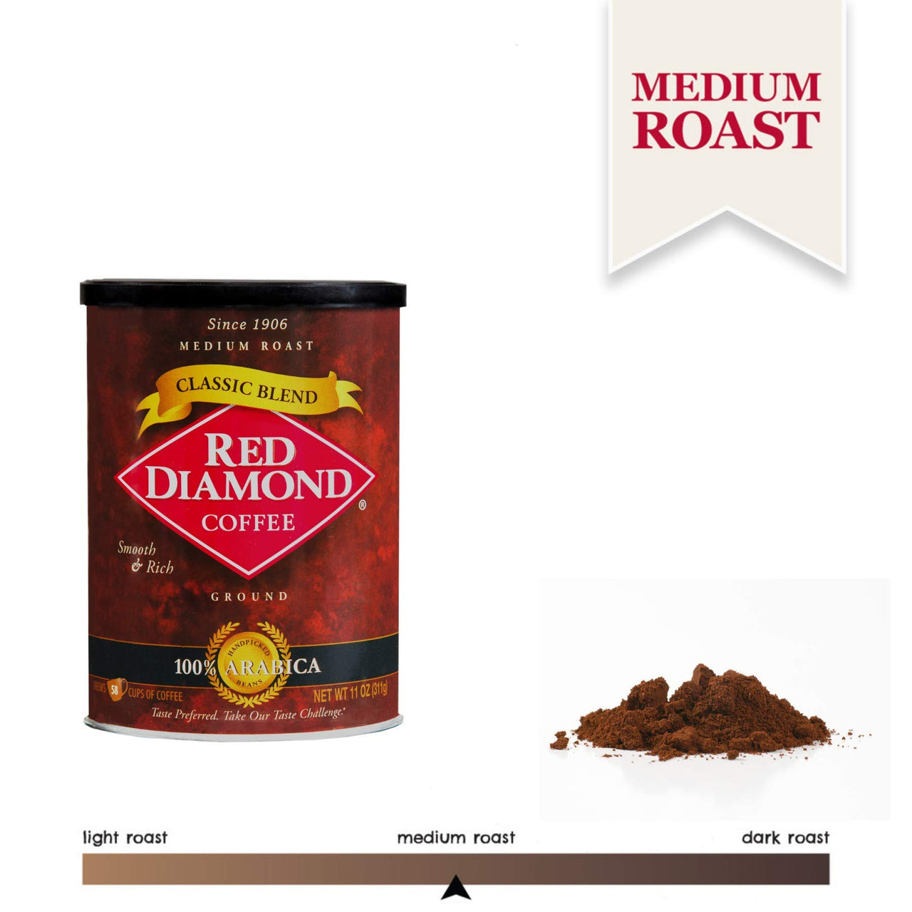 Red Diamond Ground Coffee, Classic Blend, Medium Roast, Premium Arabica Beans, Smooth & Rich Flavor, 11 Ounce Resealable Can