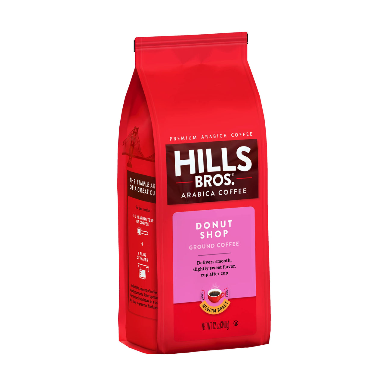 Hills Bros Donut Shop Ground Coffee, Light Roast, 12 Oz. Bag  Slightly Sweet, Smooth Coffee Taste