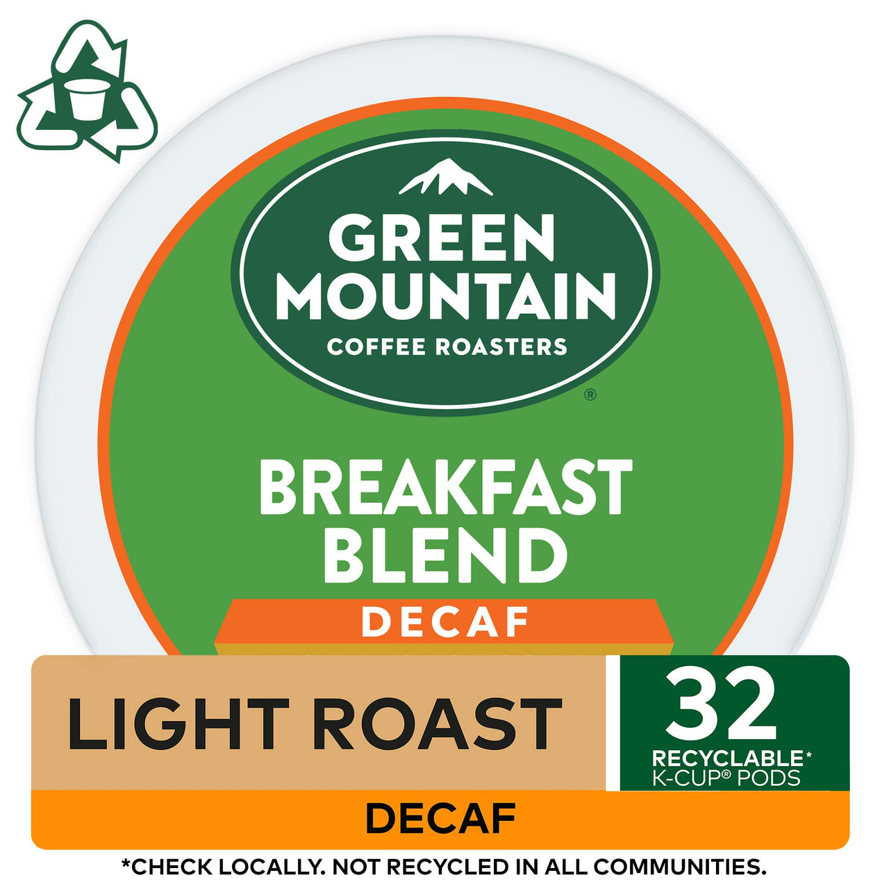 Green Mountain Coffee Roasters Decaf Breakfast Blend, Single-Serve Keurig K-Cup Pods, Light Roast Coffee, 32 Count (Pack of 2)