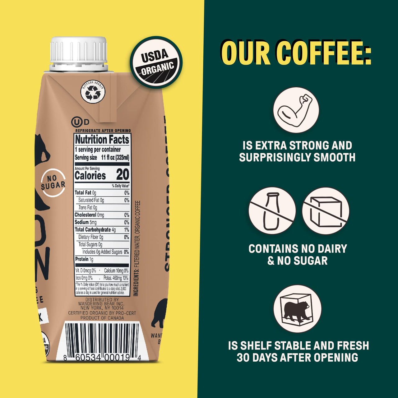 Wandering Bear Organic Straight Black Cold Brew Coffee On-the-Go, 11 fl oz, 1 pack - Extra Strong, Smooth, Organic, Unsweetened, Shelf-Stable, and Ready to Drink