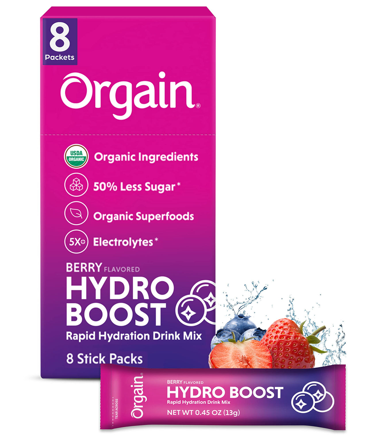 Organic Rapid Hydration Packets by Orgain, Berry Hydro Boost - Packed with Electrolytes & Superfoods, Less Sugar, Gluten Free, Vegan, No Soy Ingredients or Artificial Flavors, Non-GMO (Pack of 8)