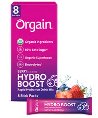 Organic Rapid Hydration Packets by Orgain, Berry Hydro Boost - Packed with Electrolytes & Superfoods, Less Sugar, Gluten Free, Vegan, No Soy Ingredients or Artificial Flavors, Non-GMO (Pack of 8)